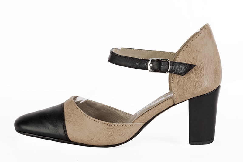 Satin black and tan beige women's open side shoes, with an instep strap. Round toe. High block heels. Profile view - Florence KOOIJMAN